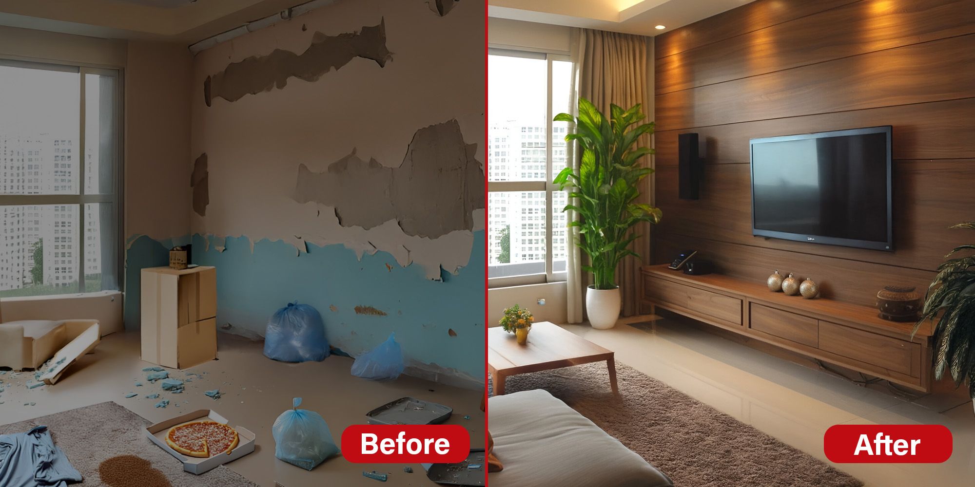 Before and After image of living room renovation