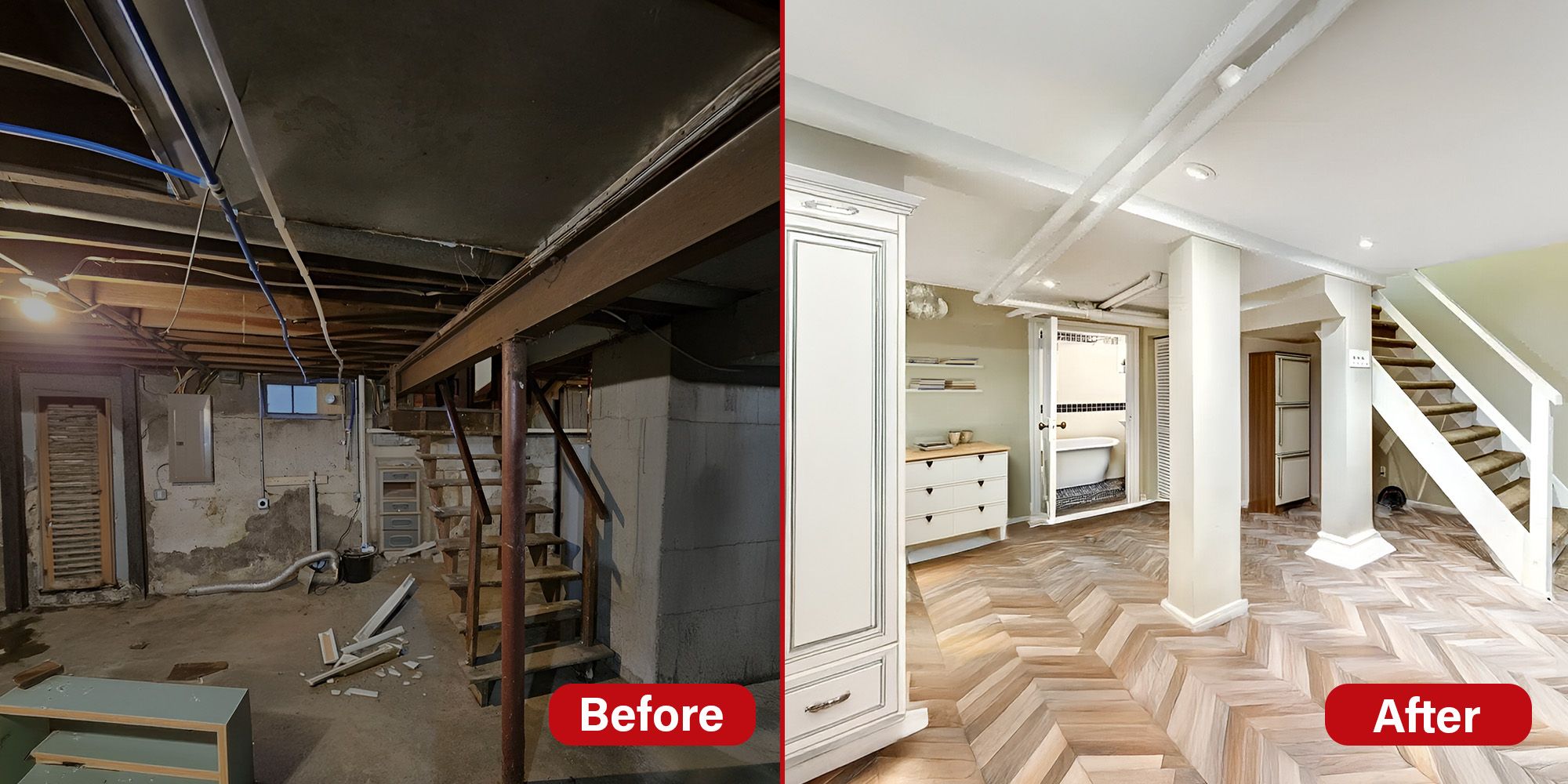 Before and After image of basement renovation