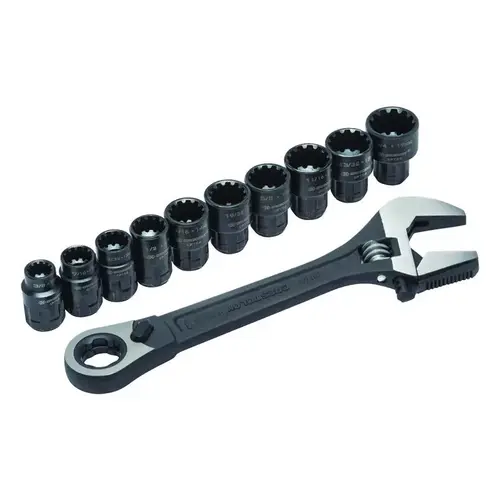 Adjustable Wrench and Spline Socket Set, 1 in Jaw, Steel, Black Phosphate Adjustable Wrench and Spline Socket Set, 1 in Jaw, Steel, Black Phosphate
