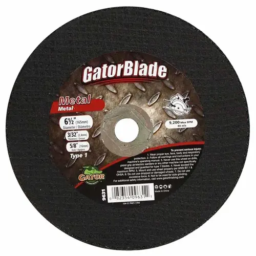 Cut-Off Wheel, 6-1/2 in Dia, 3/32 in Thick, 5/8 in Arbor Cut-Off Wheel, 6-1/2 in Dia, 3/32 in Thick, 5/8 in Arbor