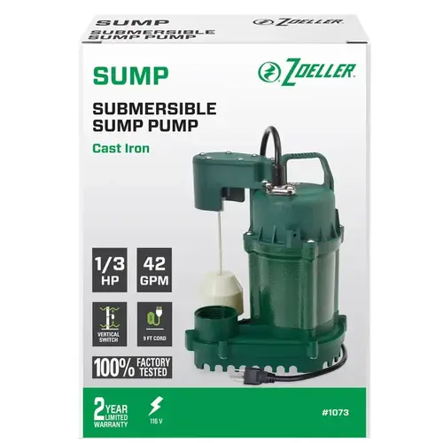 Sump Pump 1/3 HP 2520 gph Cast Iron Vertical Float Switch AC Submersible Sump Pump 1/3 HP 2520 gph Cast Iron Vertical Float Switch AC Submersible