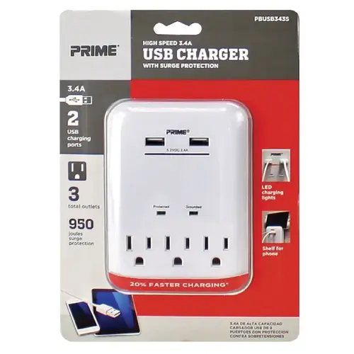 Surge Protector with USB Port 3 outlets White 950 J White Surge Protector with USB Port 3 outlets White 950 J White