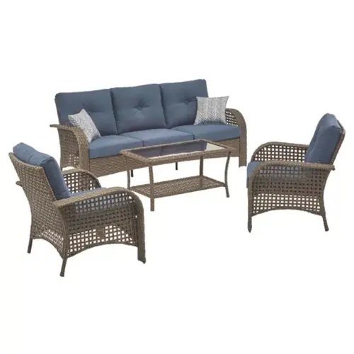 Deep Seating Set St. Charles 4 pc Walnut Steel Wicker Navy Deep Seating Set St. Charles 4 pc Walnut Steel Wicker Navy