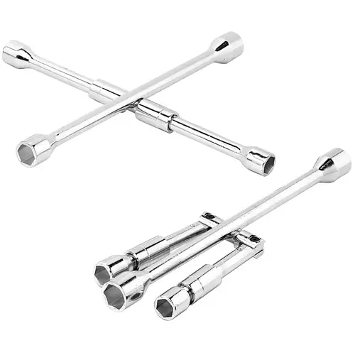 4-Way Folding Lug Wrench 6 Point Metric and SAE 7" L Chrome 4-Way Folding Lug Wrench 6 Point Metric and SAE 7" L Chrome