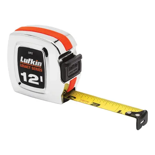 Chrome Power Tape Series Tape Measure, 12 ft L Blade, 1/2 in W Blade Silver