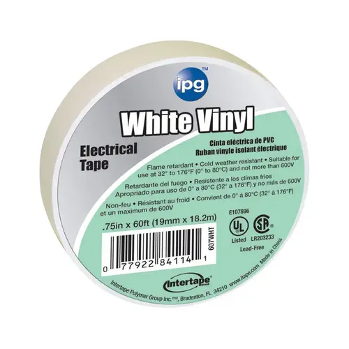 Electrical Tape, 60 ft L, 3/4 in W, PVC Backing, White