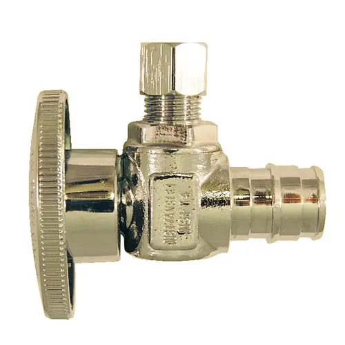 Angle Stop Valve, 1/2 x 1/4 in Connection, PEX x Compression, 200 psi Pressure, Brass Body Chrome