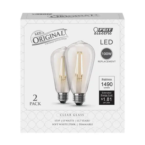 Filament LED Bulb ST19 E26 (Medium) Soft White 100 W Clear Pair Filament LED Bulb ST19 E26 (Medium) Soft White 100 W Clear Pair