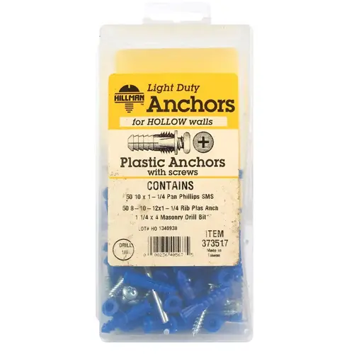 Ribbed Anchor Kit 0.164" D X 1-1/4" L Plastic Pan Head Blue
