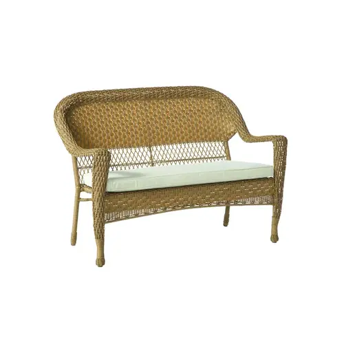 Loveseat Palmaro Tan Wicker Frame Stackable White Loveseat Palmaro Tan Wicker Frame Stackable White