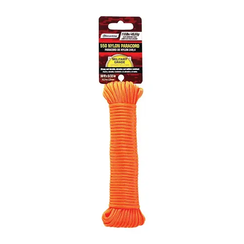 Paracord, 5/32 in Dia, 50 ft L, 110 lb Working Load, Nylon, Orange Paracord, 5/32 in Dia, 50 ft L, 110 lb Working Load, Nylon, Orange