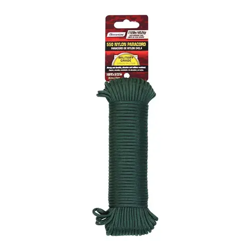 Paracord 5/32" D X 100 ft. L Green Braided Nylon Green Paracord 5/32" D X 100 ft. L Green Braided Nylon Green