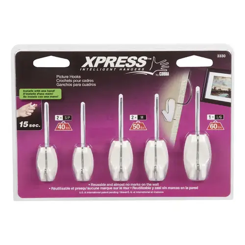 Picture Hook Xpress Plastic Coated White Push Pin 60 lb Plastic Coated - pack of 5 Picture Hook Xpress Plastic Coated White Push Pin 60 lb Plastic Coated - pack of 5