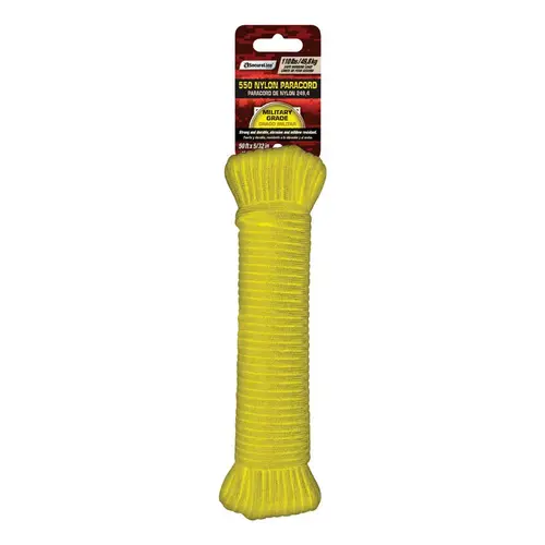 Paracord, 5/32 in Dia, 50 ft L, 110 lb Working Load, Nylon, Yellow Paracord, 5/32 in Dia, 50 ft L, 110 lb Working Load, Nylon, Yellow