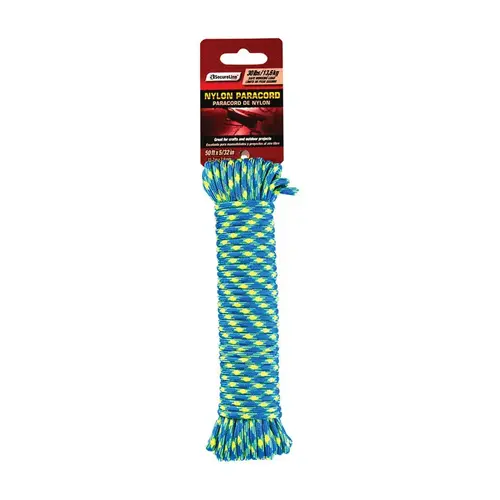 Paracord, 5/32 in Dia, 50 ft L, 30 lb Working Load, Nylon, Blue/Yellow Paracord, 5/32 in Dia, 50 ft L, 30 lb Working Load, Nylon, Blue/Yellow