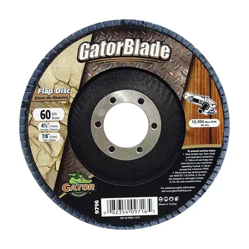 Flap Disc, 4-1/2 in Dia, 7/8 in Arbor, 60 Grit, Zirconium Oxide Abrasive Flap Disc, 4-1/2 in Dia, 7/8 in Arbor, 60 Grit, Zirconium Oxide Abrasive
