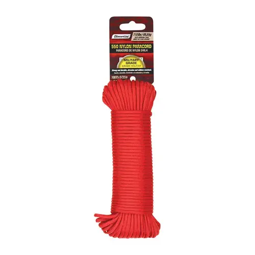 Paracord, 5/32 in Dia, 100 ft L, 110 lb Working Load, Nylon, Red Paracord, 5/32 in Dia, 100 ft L, 110 lb Working Load, Nylon, Red