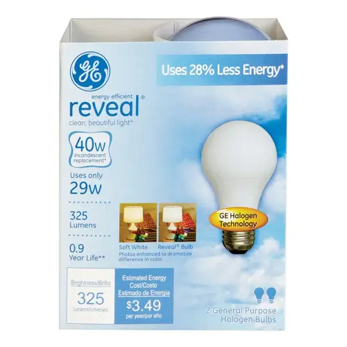 Halogen Bulb Reveal 29 W A19 A-Line 325 lm Soft White Clea - 2 per pack x6 packs Halogen Bulb Reveal 29 W A19 A-Line 325 lm Soft White Clea - 2 per pack x6 packs