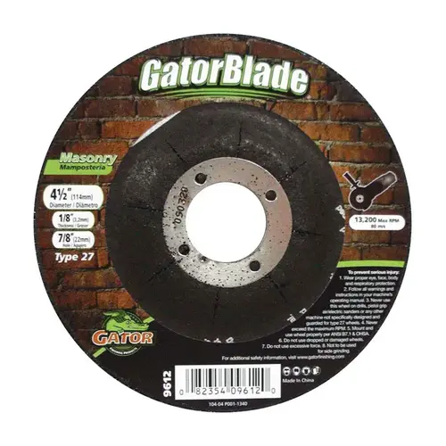 Cut-Off Wheel, 4-1/2 in Dia, 1/8 in Thick, 7/8 in Arbor, 24 Grit, Silicone Carbide Abrasive Cut-Off Wheel, 4-1/2 in Dia, 1/8 in Thick, 7/8 in Arbor, 24 Grit, Silicone Carbide Abrasive