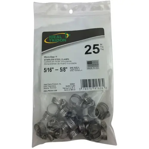 Hose Clamp Micro-Gear 5/16" to 5/8" SAE 4 Silver Stainless Steel Band Silver