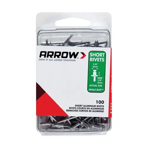 Pop Rivet, Short, 1/8 in L, Aluminum Silver - pack of 100