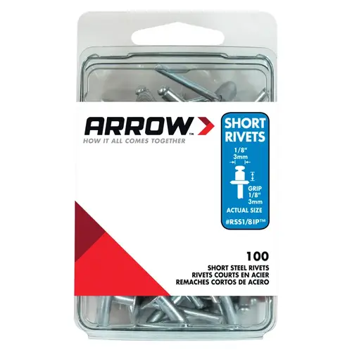 RIVET SHORT STEEL 1/8X1/8IN Silver - pack of 100