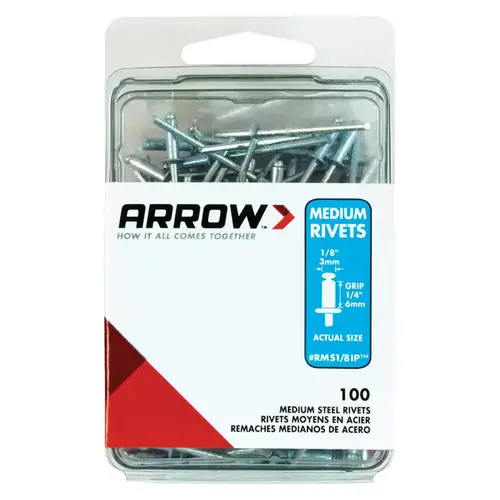 Pop Rivet, Medium, 1/4 in L, Steel Silver - pack of 100 Pop Rivet, Medium, 1/4 in L, Steel Silver - pack of 100