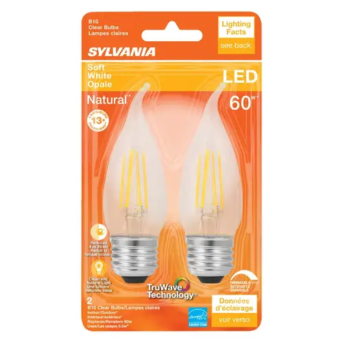 Natural LED Bulb, Decorative, B10 Bent Tip Lamp, 60 W Equivalent, E26 Lamp Base, Dimmable, Clear Pair Natural LED Bulb, Decorative, B10 Bent Tip Lamp, 60 W Equivalent, E26 Lamp Base, Dimmable, Clear Pair