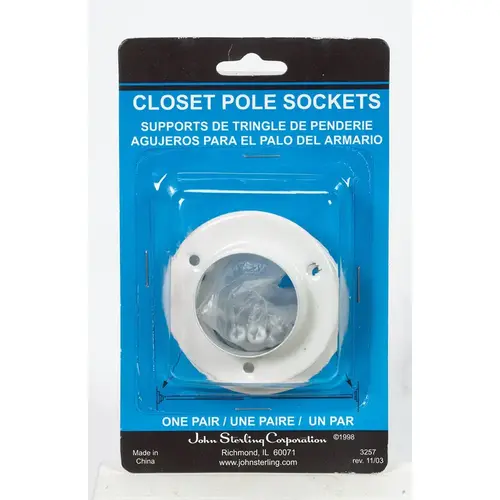 Closet-Pro Closet Pole Socket, Steel, White, Powder-Coate - 2 per pack x10 packs Closet-Pro Closet Pole Socket, Steel, White, Powder-Coate - 2 per pack x10 packs