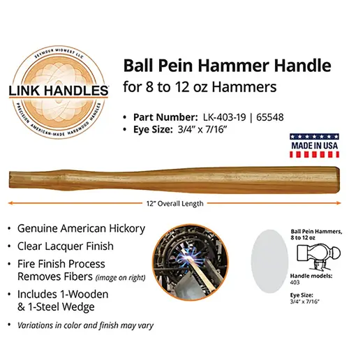 Link Handles 65548 Machinist Hammer Handle, 12 in L, Wood, For: 8 to 12 ...