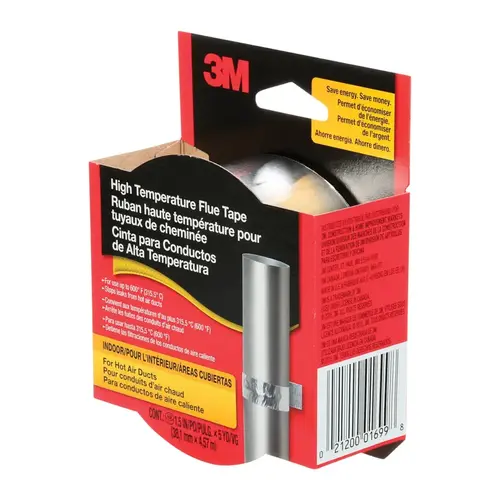 Flue Tape, 15 ft L, 1-1/2 in W, Foil Backing, Silver