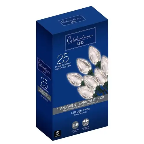 Christmas Lights LED C9 Clear/Warm White 25 ct String 16 ft. Transparent