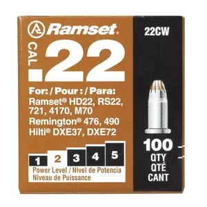 Ramset 00594 Single Shot Powder Load, Power Level: 2, Brown Code, 0.22 in Dia, 2-1/8 in L - pack of 100