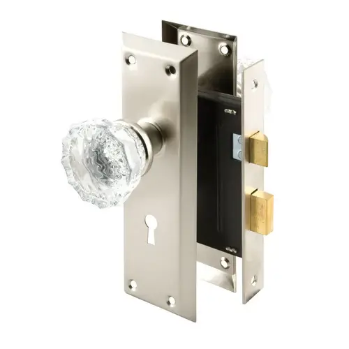 Satin Nickel Keyed Mortise Entry Lock Set With Glass Knob Plated Satin Nickel Keyed Mortise Entry Lock Set With Glass Knob Plated