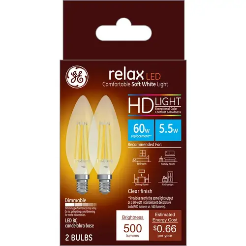 LED Bulb Relax BC E12 (Candelabra) Soft White 60 W Clear Pair