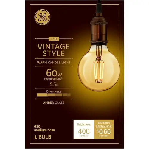 Filament LED Bulb G30 E26 (Medium) Amber Warm White 60 W Transparent Amber Filament LED Bulb G30 E26 (Medium) Amber Warm White 60 W Transparent Amber