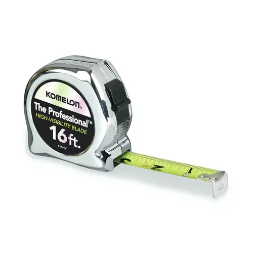 Tape Measure: 16 ft Long, 3/4" Width, Yellow Blade Chrome