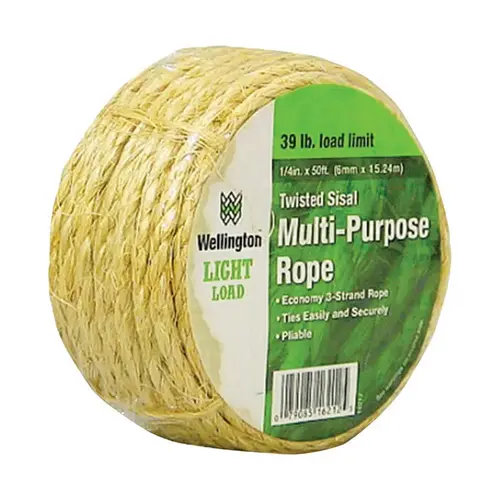 Rope, 1/4 in Dia, 50 ft L, 39 lb Working Load, Sisal, Natural, Rhino Rope, 1/4 in Dia, 50 ft L, 39 lb Working Load, Sisal, Natural, Rhino
