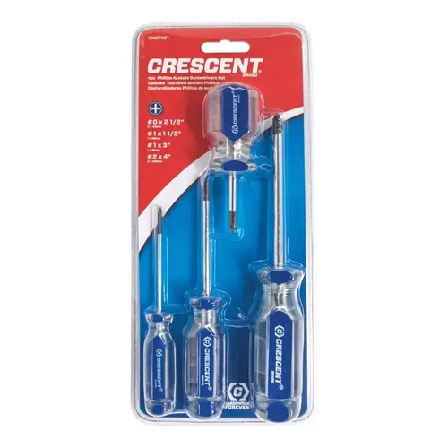 Screwdriver Sets; Screwdriver Types Included: Phillips ; Container Type: Clamshell ; Tether Style: Not Tether Capable ; Number Of Pieces: 4 ; Insulated: No Full Polish Chrome Screwdriver Sets; Screwdriver Types Included: Phillips ; Container Type: Clamshell ; Tether Style: Not Tether Capable ; Number Of Pieces: 4 ; Insulated: No Full Polish Chrome