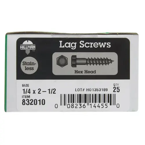 Lag Screw 1/4" X 2-1/2" L Hex Stainless Steel Lag Screw 1/4" X 2-1/2" L Hex Stainless Steel
