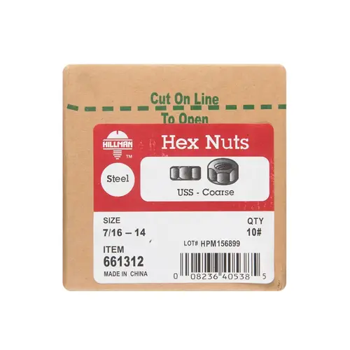 Hex Nut 7/16" Zinc-Plated Steel USS Zinc-Plated Hex Nut 7/16" Zinc-Plated Steel USS Zinc-Plated