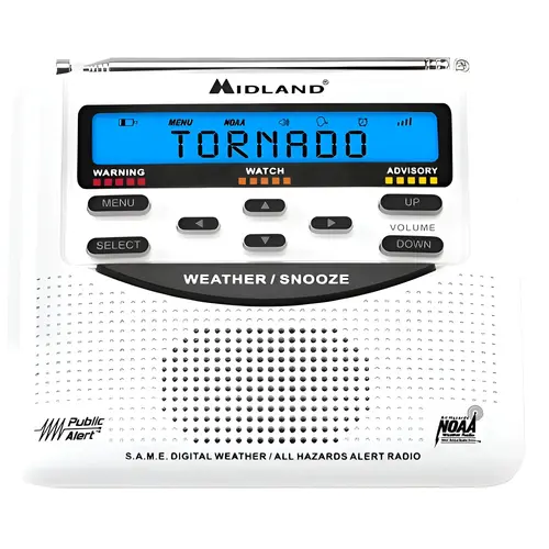 NOAA Weather Alert Radios White Digital Battery Operated White NOAA Weather Alert Radios White Digital Battery Operated White