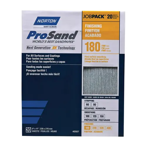 ProSand 07660768168 Sanding Sheet, 11 in L, 9 in W, Fine, 180 Grit, Aluminum Oxide Abrasive, Paper Backing Tan - pack of 20