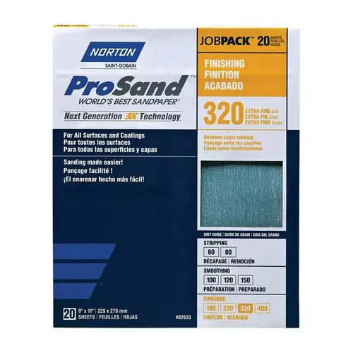 ProSand 07660768166 Sanding Sheet, 11 in L, 9 in W, Extra Fine, 320 Grit, Aluminum Oxide Abrasive Tan - pack of 20