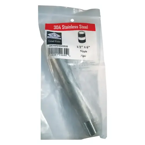 Nipple 1/2" MPT T Stainless Steel 6" L Nipple 1/2" MPT T Stainless Steel 6" L