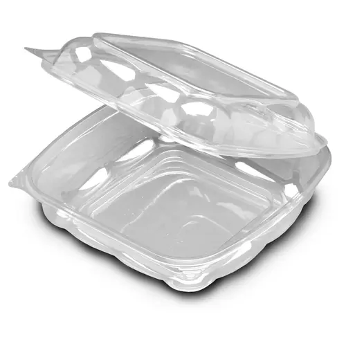 CONTAINER POLYSTYRENE 8X8 CLEAR HINGED LID SEESHELL SCALLOPED PLASTIC CARRY-OUT CONTAINER POLYSTYRENE 8X8 CLEAR HINGED LID SEESHELL SCALLOPED PLASTIC CARRY-OUT