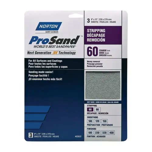 ProSand 07660768164 Sanding Sheet, 11 in L, 9 in W, Coarse, 60 Grit, Aluminum Oxide Abrasive, Paper Backing Tan - pack of 3