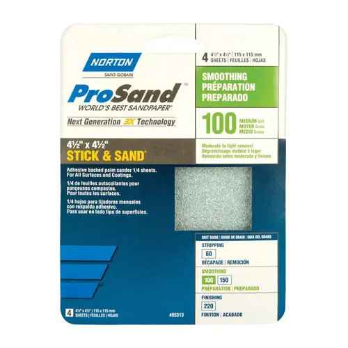 ProSand 076607 Sanding Sheet, 4-1/2 in L, 4-1/2 in W, Medium, 100 Grit, Aluminum Oxide Abrasive ProSand 076607 Sanding Sheet, 4-1/2 in L, 4-1/2 in W, Medium, 100 Grit, Aluminum Oxide Abrasive