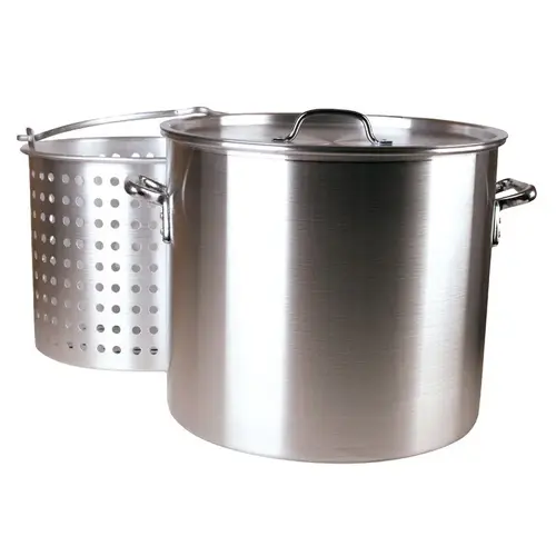 60 Qt. Aluminum Stockpot, with 40 Qt. Strainer Basket Silver 60 Qt. Aluminum Stockpot, with 40 Qt. Strainer Basket Silver