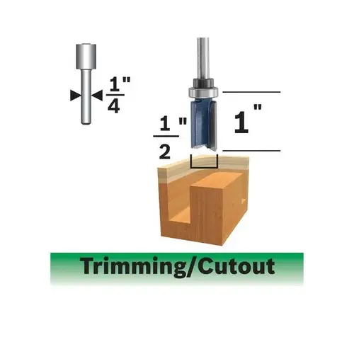 Router Bit, 1/2 in Dia Cutter, 2-1/2 in OAL, 1/4 in Dia Shank, 2-Cutter, Steel Router Bit, 1/2 in Dia Cutter, 2-1/2 in OAL, 1/4 in Dia Shank, 2-Cutter, Steel